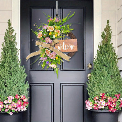 Spring Wreath for Front Door, 16.9 Inch Welcome Sign Front Door Wreath, Indoor Outdoor Green Eucalyptus Daisy Welcome