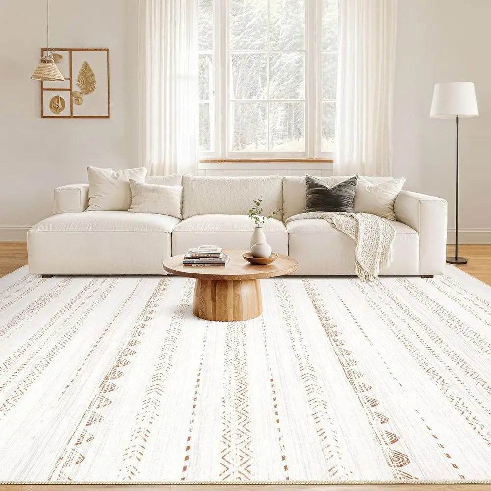 9x12 Boho Chic Area Rug - Large Neutral Modern, Soft Farmhouse Style, Stain Resistant, Non-Slip