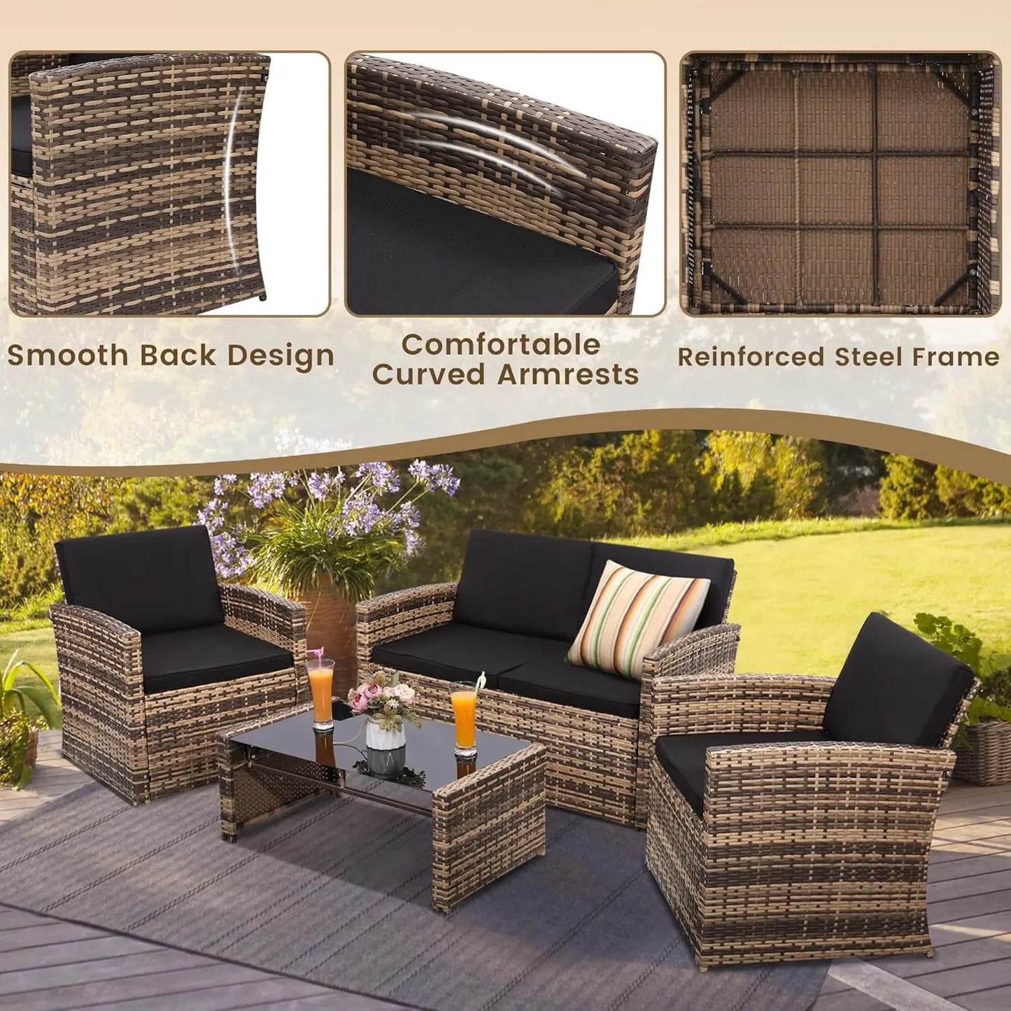 4 Pieces Patio Conversation Set, Outside Rattan Sectional Sofa, Cushioned Furniture Set, Wicker