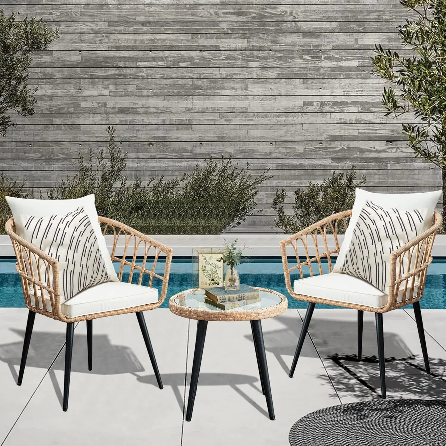 3pc Patio Bistro Set Wicker Rattan Table & Chairs for Balcony Porch Backyard Poolside