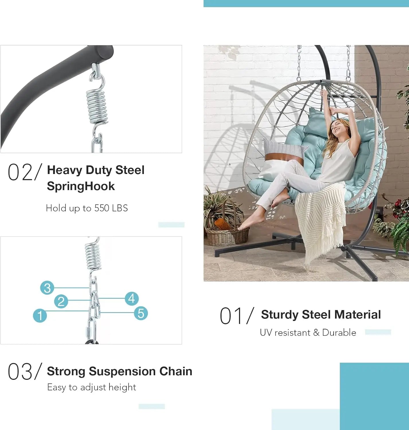 2-Person Double Egg Swing Chair with Stand, Indoor Outdoor Patio Wicker Hanging Chair w/Cushion, Foldable 550lbs Light Blue