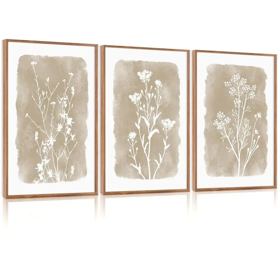 Botanical Farmhouse Wall Art Set, Framed Boho Plant Wall Decor, Neutral Minimalist Floral Wall Painting, Rustic Wildflower Canvas