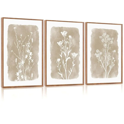 Botanical Farmhouse Wall Art Set, Framed Boho Plant Wall Decor, Neutral Minimalist Floral Wall Painting, Rustic Wildflower Canvas