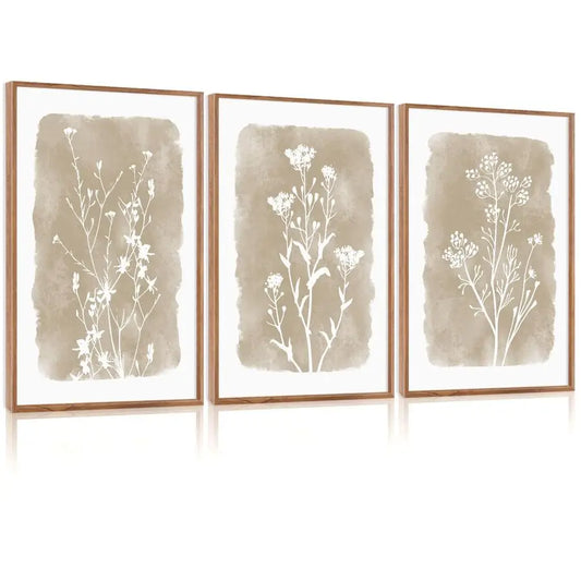 Botanical Farmhouse Wall Art Set, Framed Boho Plant Wall Decor, Neutral Minimalist Floral Wall Painting, Rustic Wildflower Canvas