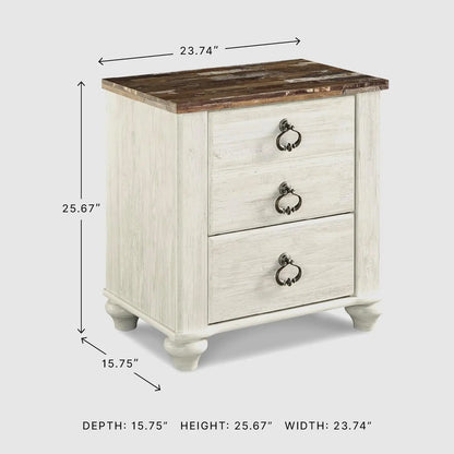 Willowton Farmhouse 2 Drawer Nightstand with USB Charging Ports, 25.67" Tall, Whitewash