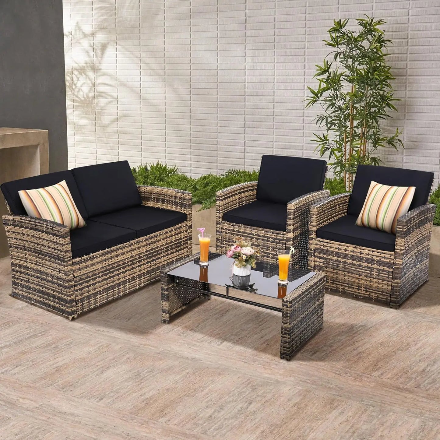 4 Pieces Patio Conversation Set, Outside Rattan Sectional Sofa, Cushioned Furniture Set, Wicker