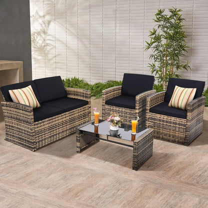 4 Pieces Patio Conversation Set, Outside Rattan Sectional Sofa, Cushioned Furniture Set, Wicker