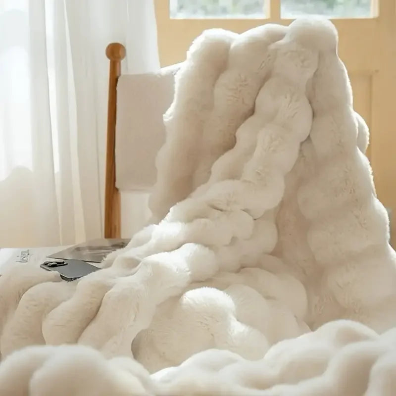 Bubble Fleece Blanket for Couch, Faux Rabbit Fur Throw, Soft Cozy Fluffy Decorative Blanket