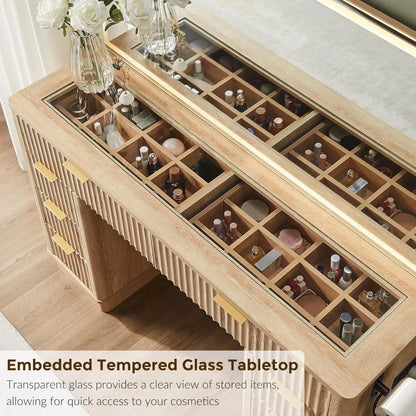 illuminated 48" makeup vanity desk with fluted design, 8-drawer storage and charging station