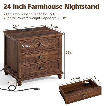 Farmhouse Nightstand Set of 2 with Charging Station, 24" Wide End Table with 3 Drawers, Bed Side
