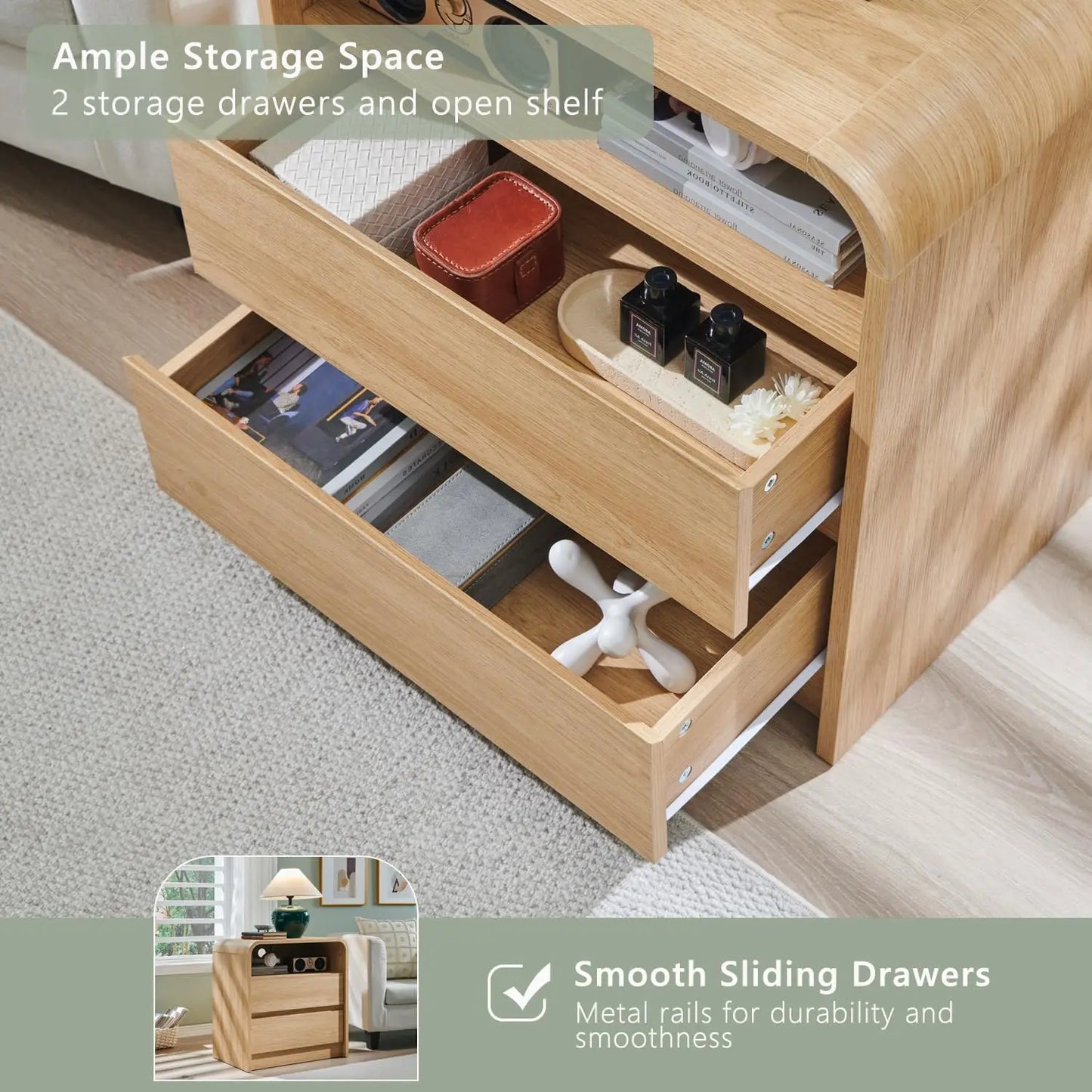 25" Tall Modern Nightstand Set of 2, 23.6'' Wide Wood Bedside Table w/2 Storage Drawers, Charging Station
