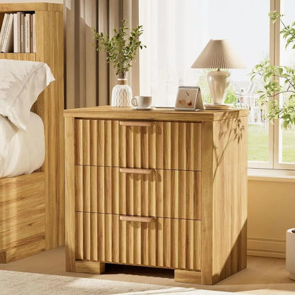 24" 3 Drawer Nightstand, Fluted Set of 2 Modern side tables with Charger Station