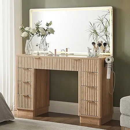 illuminated 48" makeup vanity desk with fluted design, 8-drawer storage and charging station