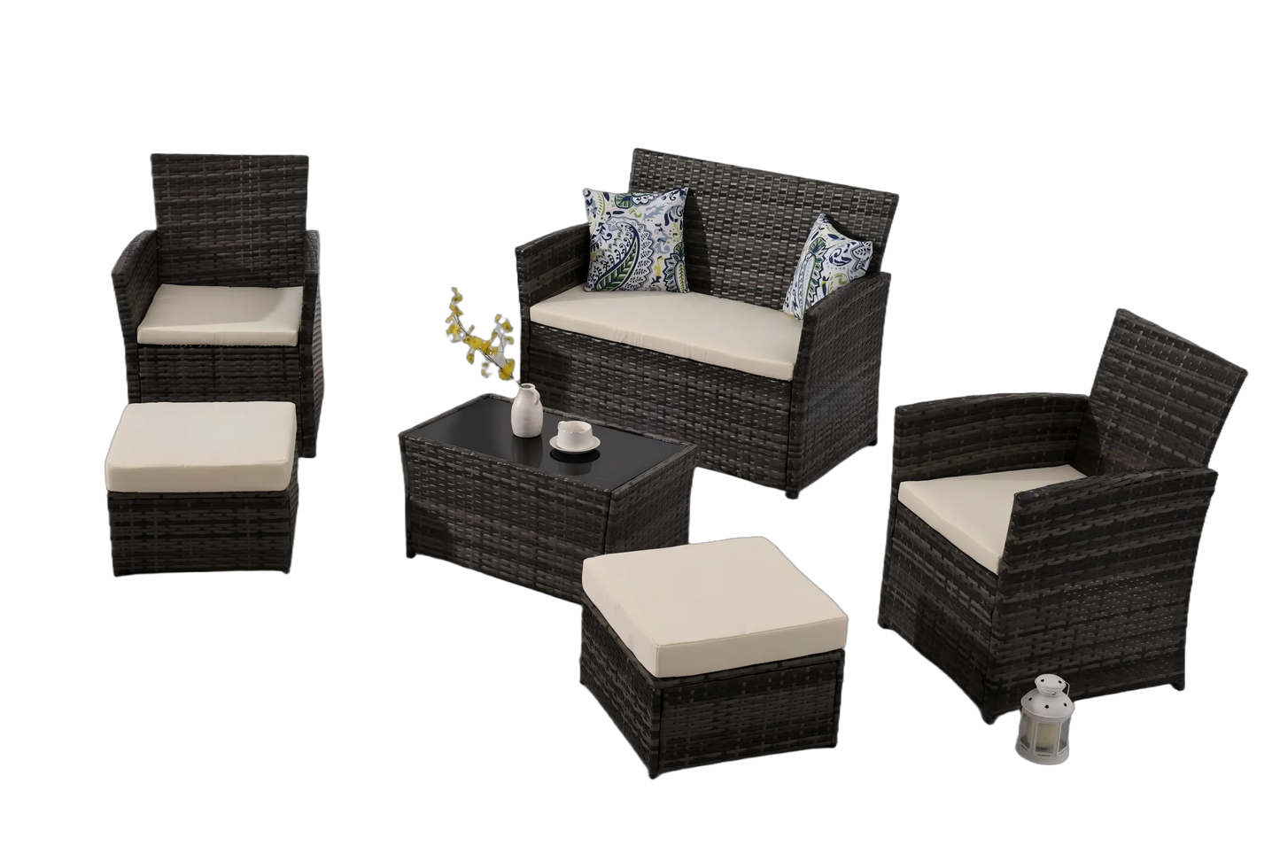 6 Pieces Outdoor Patio Furniture Set, Wicker Sectional Sofa Patio Conversation Set Couch with Ottomans Rattan Chair and Table