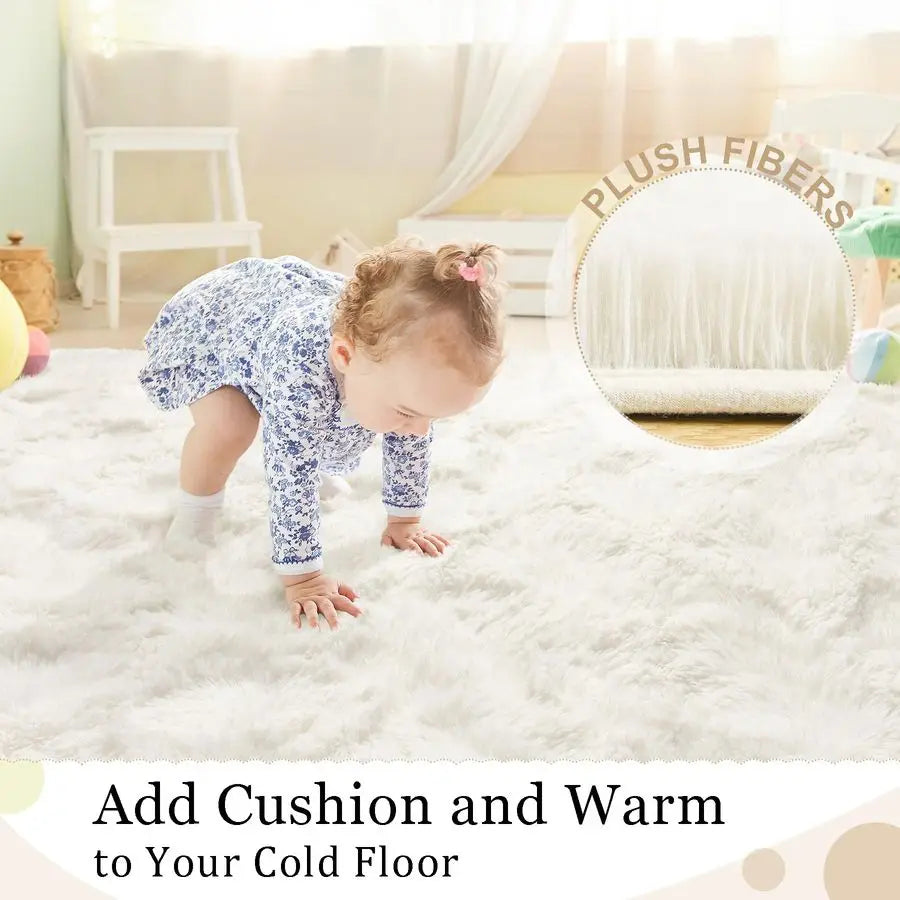 Fluffy Rugs for Living Room 5x8 Cream White, Washable Large Area Rugs