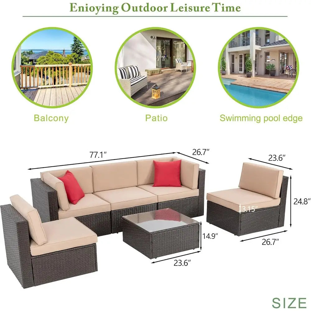 6-Piece Outdoor Patio Wicker Sectional Set with Coffee Table for Small Spaces - Ideal for Garden, Backyard, Poolside (Beige)