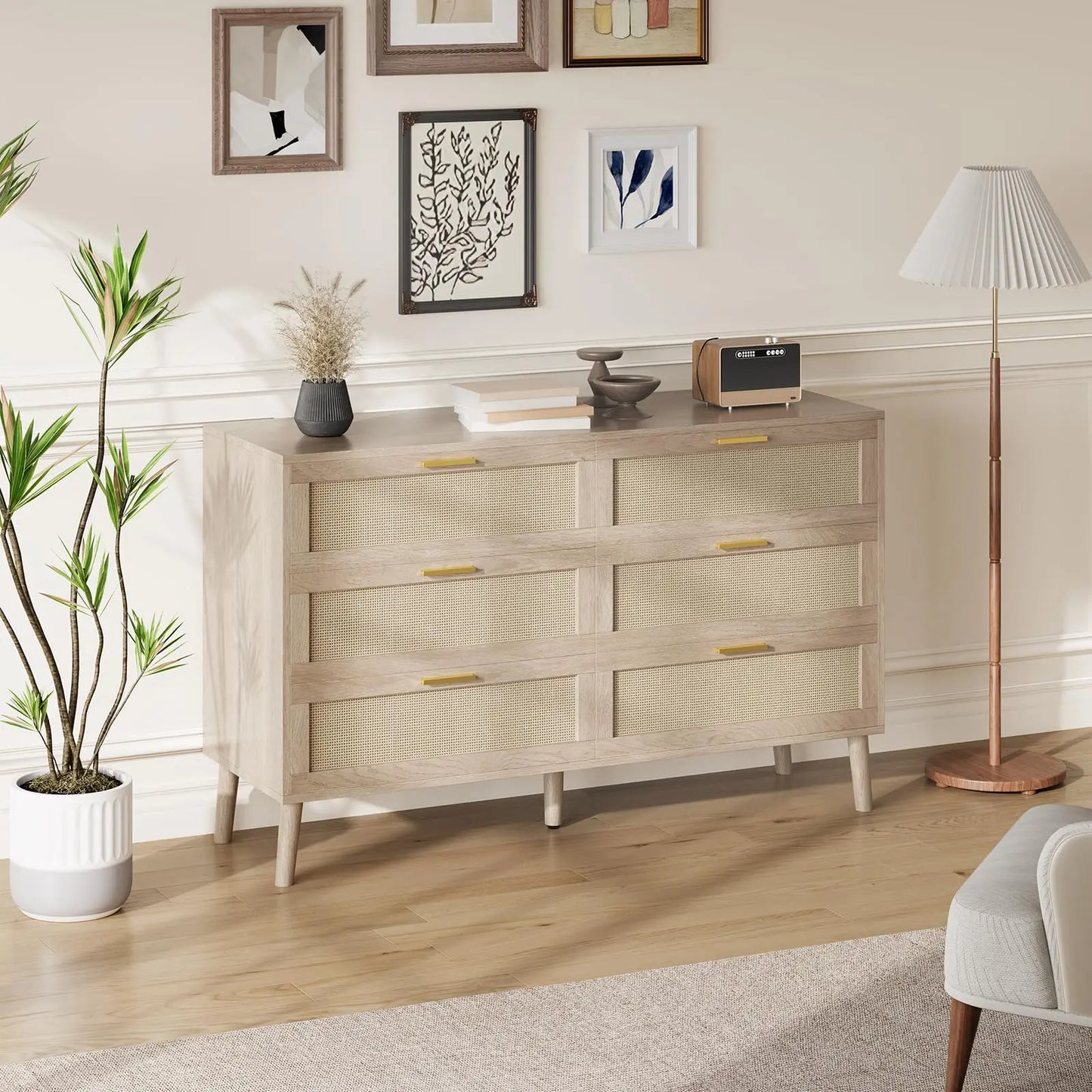 47.2" Rattan 6 Drawer Dresser Mid Century Modern Chest Of Drawers With Gold Handles Large Storage Dresser For Bedroom Entryway