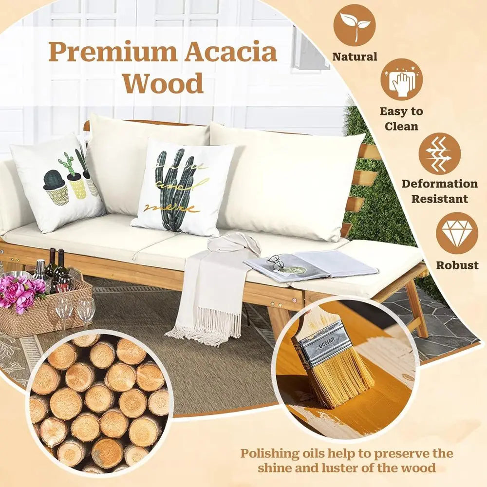 Patio Convertible Couch Soa Bed, Acacia Wood Chaise Lounger with Adjustable Armrest, Cushion & Pillows, Outdoor Daybed Loveseat