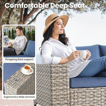 9-Piece Outdoor Patio Furniture Set with Fire Pit, Sectional Sofa, Rocking Chairs, and Chaise Lounge in Denim Blue Wicker Rattan