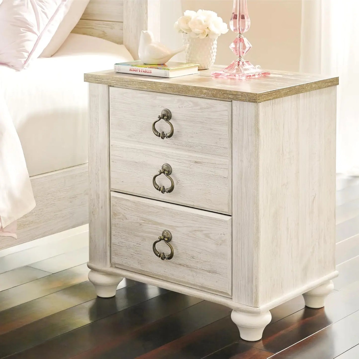 Willowton Farmhouse 2 Drawer Nightstand with USB Charging Ports, 25.67" Tall, Whitewash