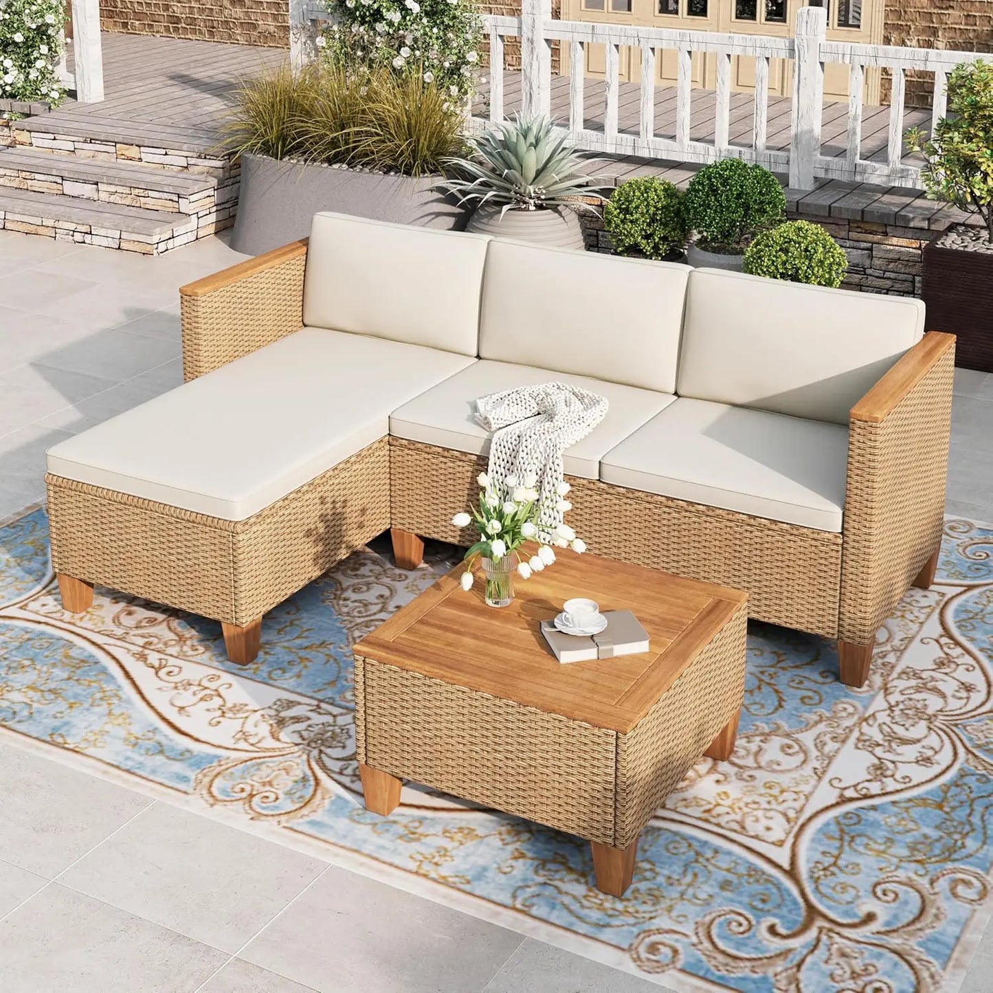 Small Patio Furniture Set, 3 Pieces Wicker Outdoor Sectional Set,  Rattan Conversation Set