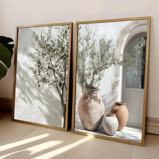 2pcs/set Neutral Olive Tree Shadow Vase Canvas Print Poster Botanical Landscape Art Print Home Decor