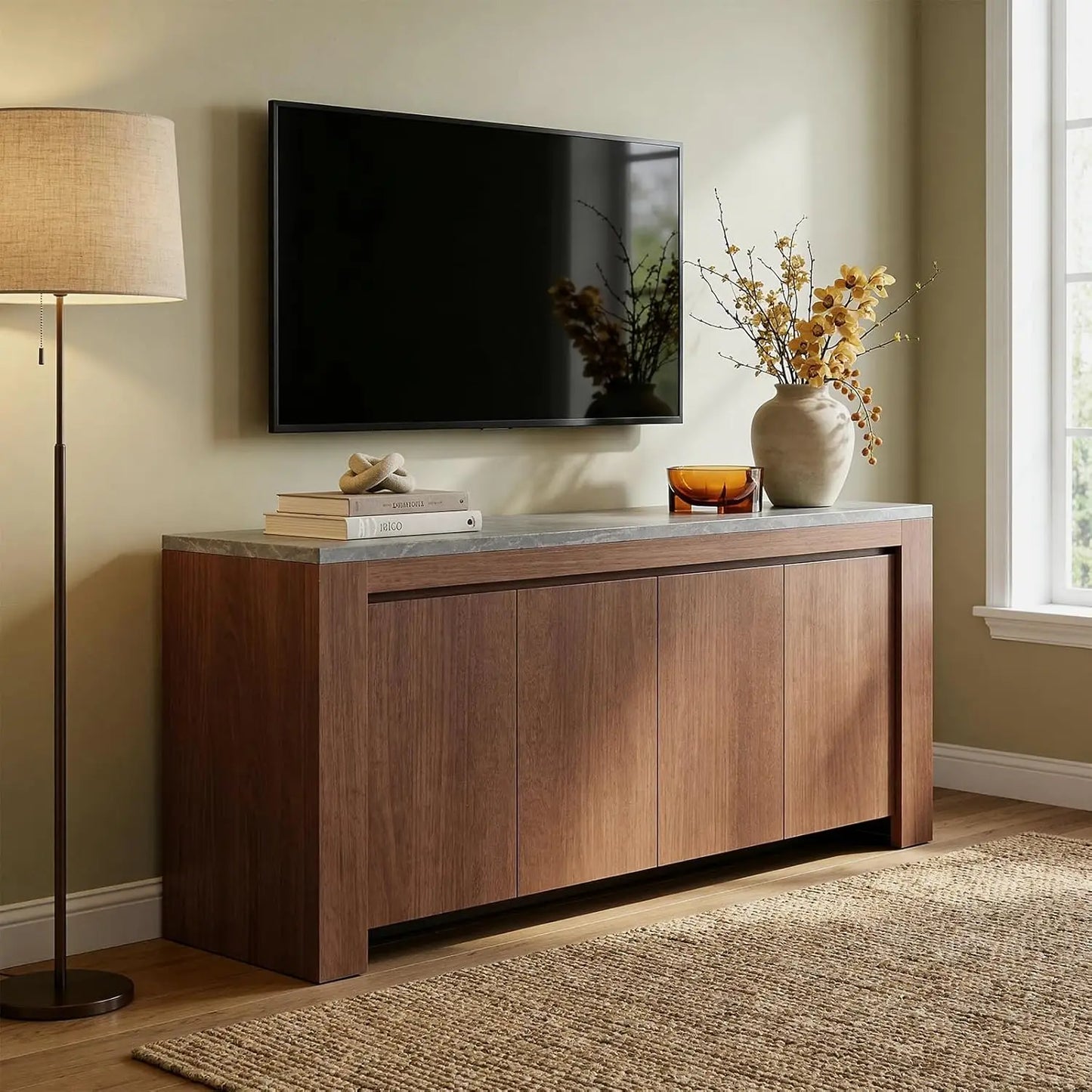 Buffet Cabinet with Storage, 63" Sideboard Accent Cabinet with Faux Marble Top & 4 Doors