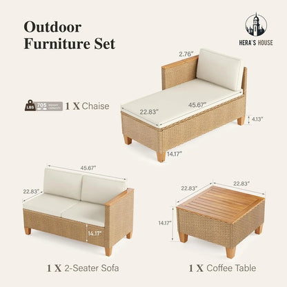 Small Patio Furniture Set, 3 Pieces Wicker Outdoor Sectional Set,  Rattan Conversation Set