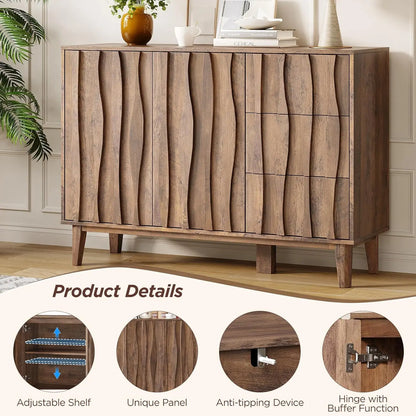 Fluted Buffet Cabinet with Storage, 47.2" Sideboard Cabinet with 3 Drawers and 2 Doors, Adjustable Shelf