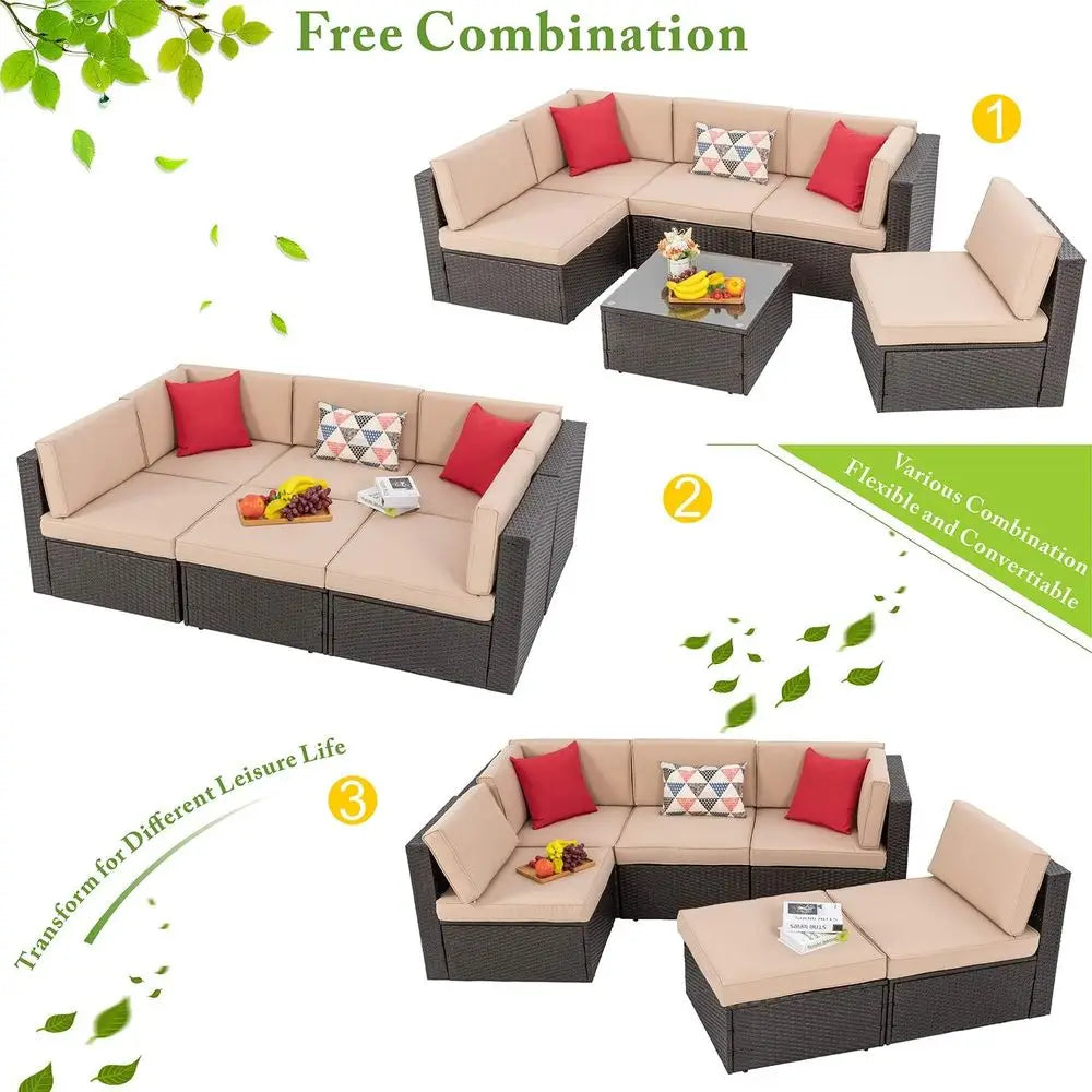 6-Piece Outdoor Patio Wicker Sectional Set with Coffee Table for Small Spaces - Ideal for Garden, Backyard, Poolside (Beige)