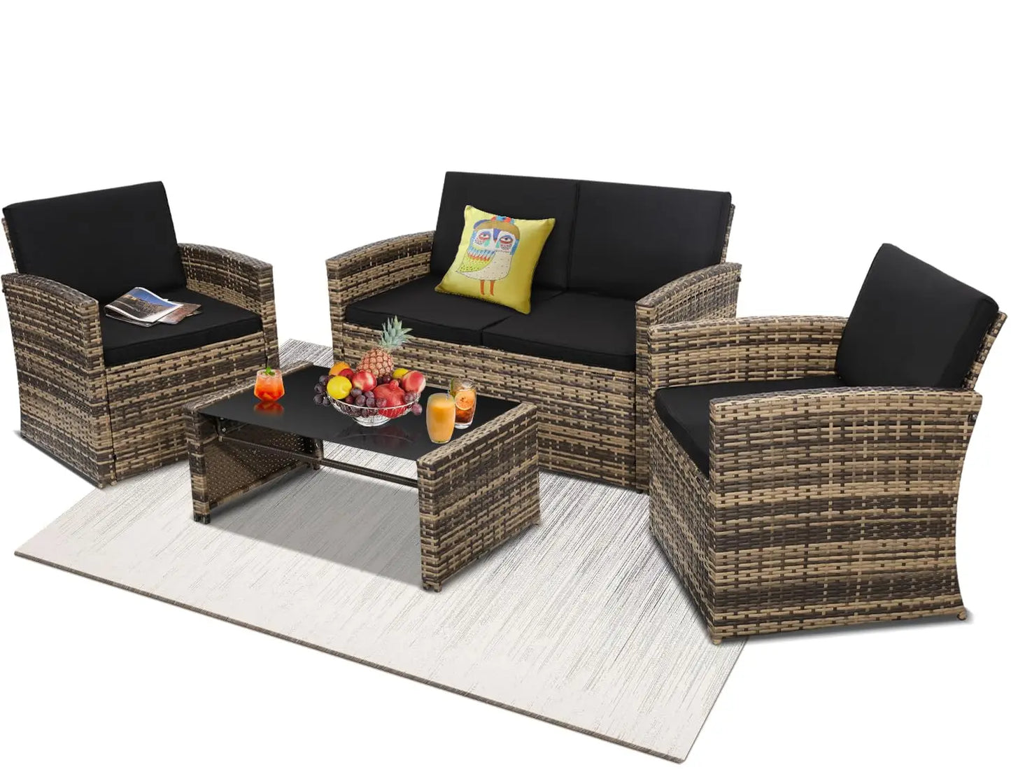 4 Pieces Patio Conversation Set, Outside Rattan Sectional Sofa, Cushioned Furniture Set, Wicker