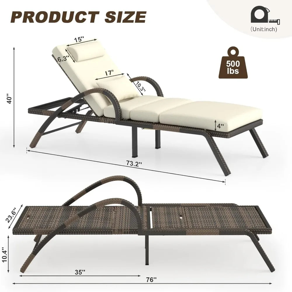 Outdoor Lounge Chairs Set of 2, Patio Chaise Loungers with Adjustable 5-Position & Leg Support, Wicker Pool Recliners