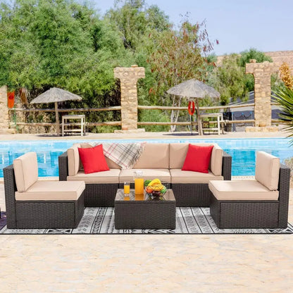6-Piece Outdoor Patio Wicker Sectional Set with Coffee Table for Small Spaces - Ideal for Garden, Backyard, Poolside (Beige)