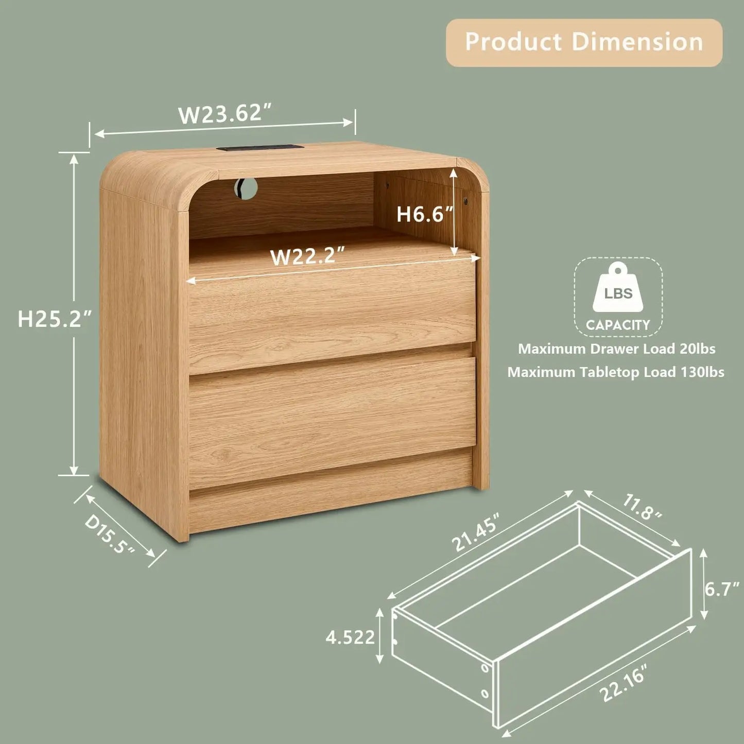 25" Tall Modern Nightstand Set of 2, 23.6'' Wide Wood Bedside Table w/2 Storage Drawers, Charging Station