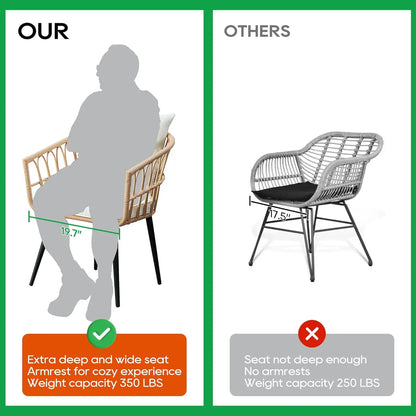 3pc Patio Bistro Set Wicker Rattan Table & Chairs for Balcony Porch Backyard Poolside