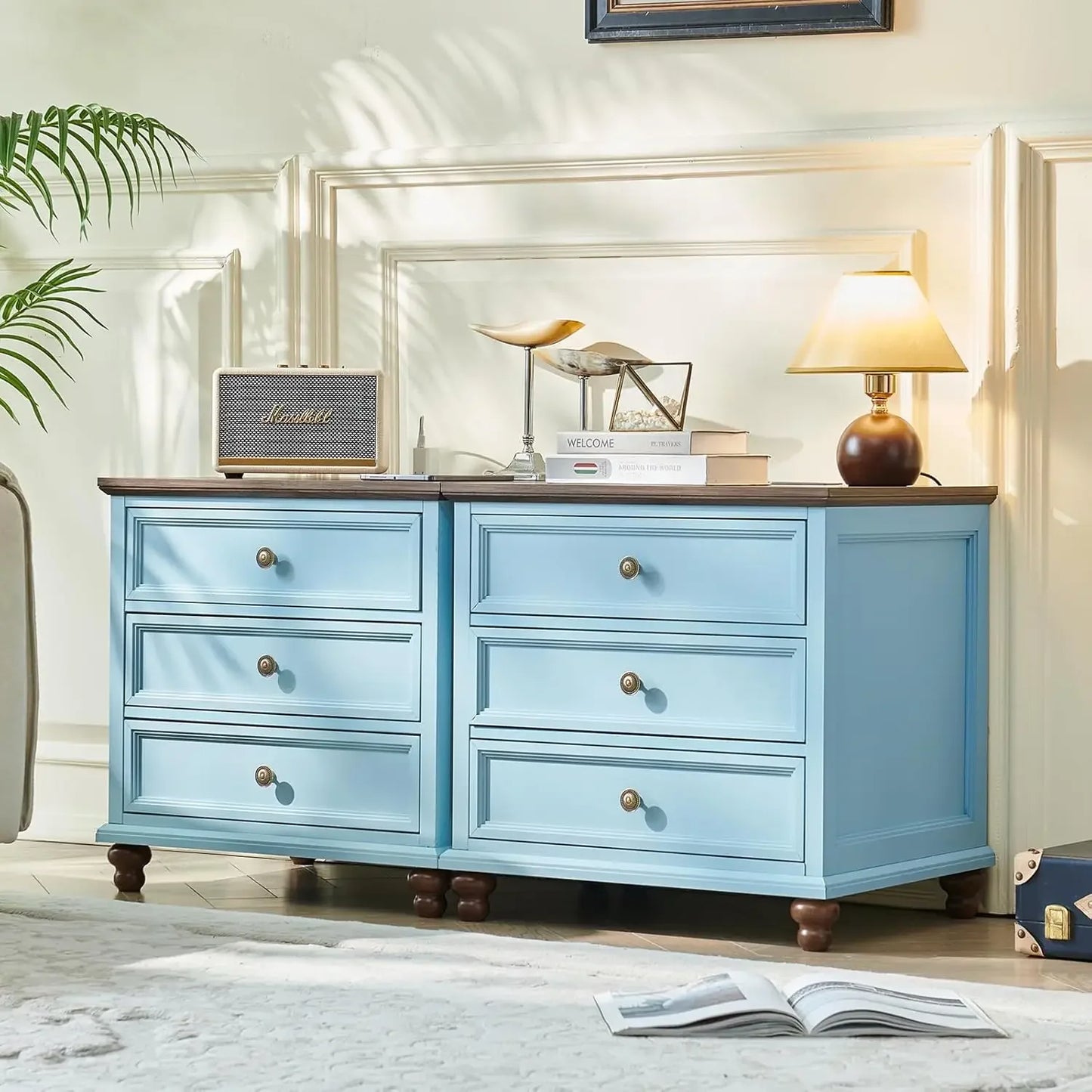 Farmhouse Nightstand Set of 2 with Charging Station, 24" Wide End Table with 3 Drawers, Bed Side