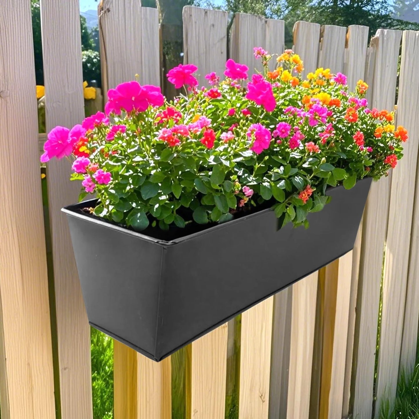 Outdoor Plants, Planter Black Metal Iron Hanging Flower Pots for Decks, Railings, Fence or Wall Mount Window Box