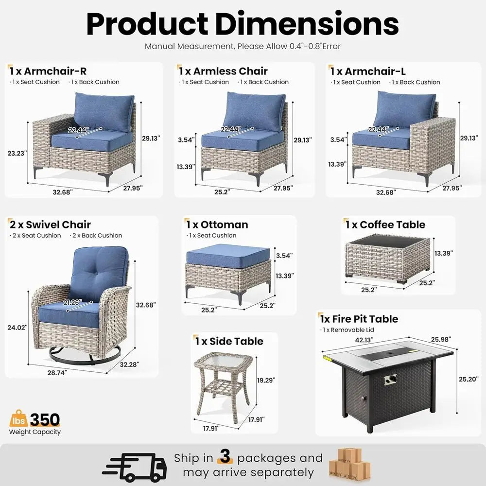 9-Piece Outdoor Patio Furniture Set with Fire Pit, Sectional Sofa, Rocking Chairs, and Chaise Lounge in Denim Blue Wicker Rattan
