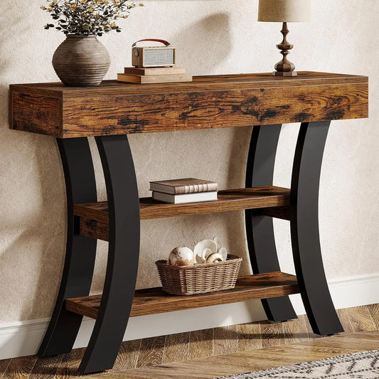 41in Small 3-Tier Narrow Rustic Console Table Curved Storage Shelf Entry Hall, Customized