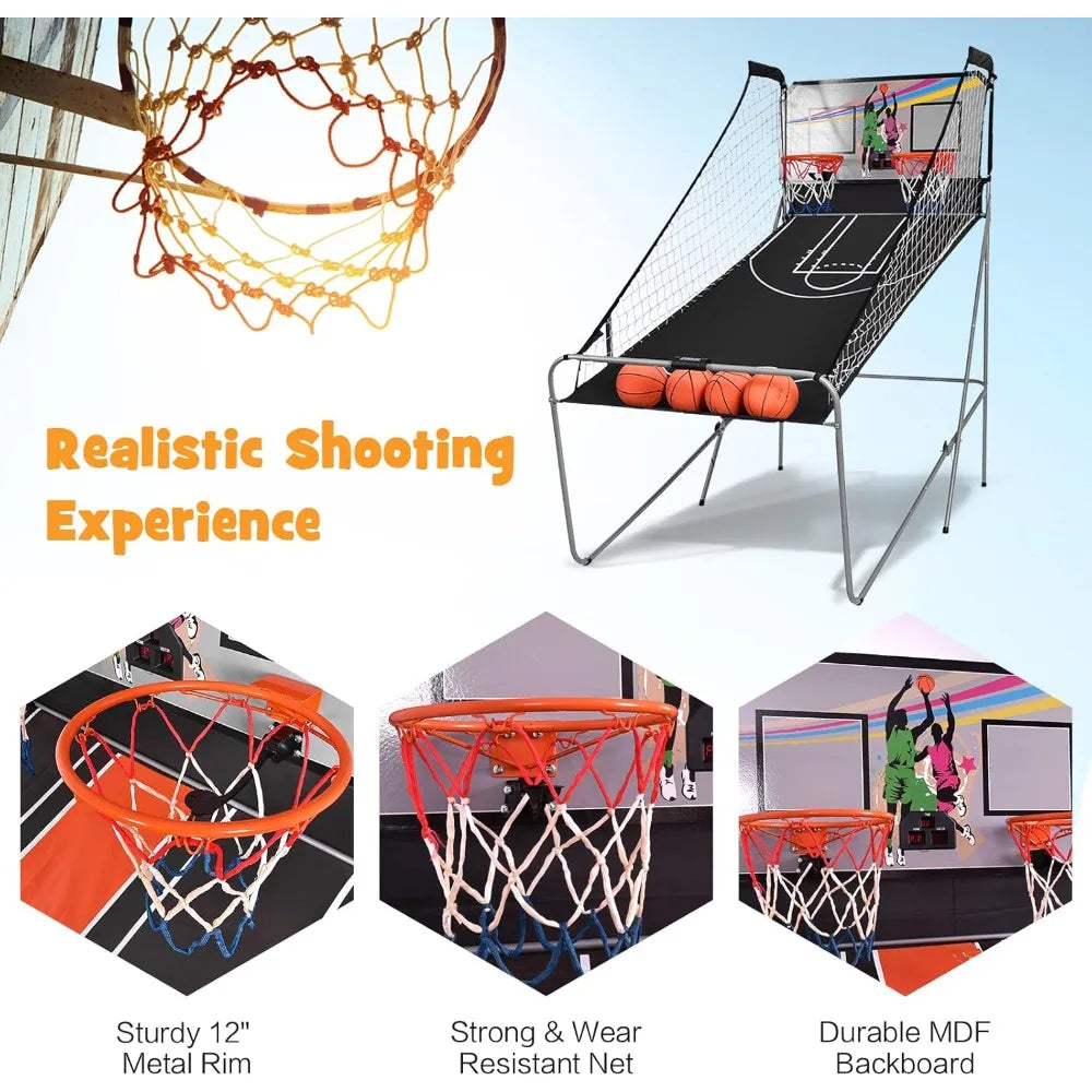 Foldable Dual Shot Basketball Game w/Electronic Scoring, 8 Game Modes, 4 Balls, Indoor Outdoor