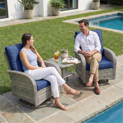 Compact 3-Piece Patio Furniture Set: Swivel Rocking Chairs with Wicker and Glass Table for Outdoor Spaces
