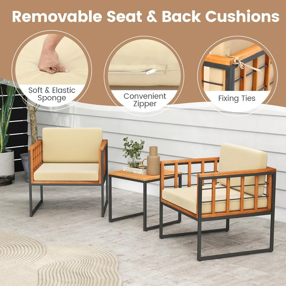 3 Pieces Patio Chair Set, Acacia Wood Outdoor Sofa Set with Metal Support, Soft Seat & Back Cushions Included