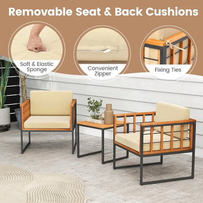 3 Pieces Patio Chair Set, Acacia Wood Outdoor Sofa Set with Metal Support, Soft Seat & Back Cushions Included
