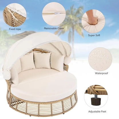 Rattan Round Daybed with Retractable Canopy & Removable Cushions for Patio Backyard