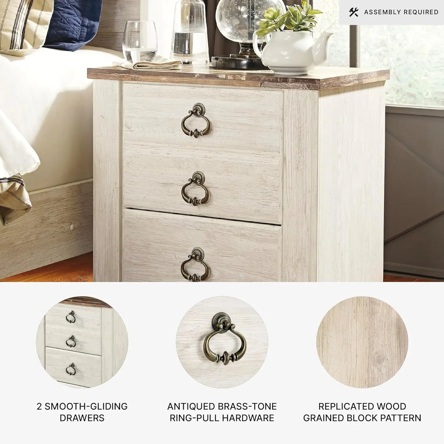 Willowton Farmhouse 2 Drawer Nightstand with USB Charging Ports, 25.67" Tall, Whitewash