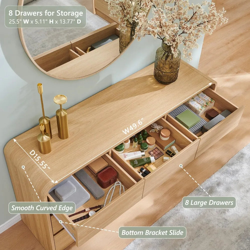 Modern 8 Drawers Dresser for Bedroom, 55 Wide Dressers & Chest of Drawers w/Curved Profile Design, Wood Mid Century