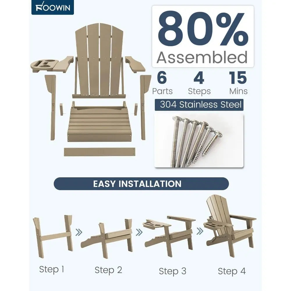 Set of 4 Weather-Resistant HDPE Adirondack Chairs with Cup Holders for Outdoor Patio, Lawn, Garden, Backyard, Deck - Brown
