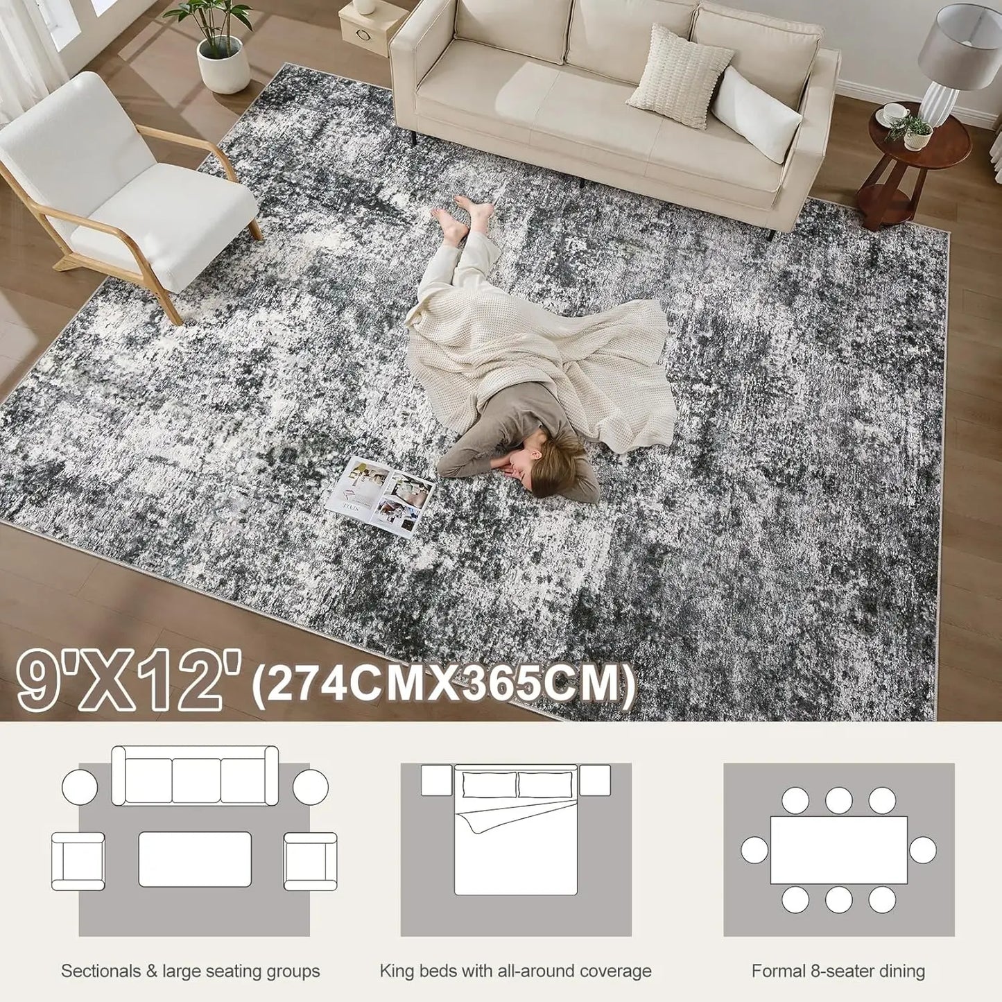 9x12 Soft Modern Abstract Area Rug - Low Pile Washable, Grey