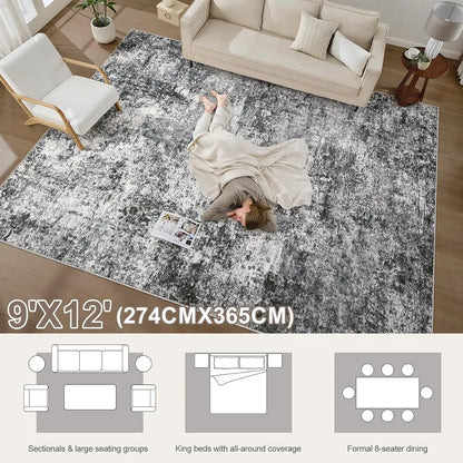 9x12 Soft Modern Abstract Area Rug - Low Pile Washable, Grey