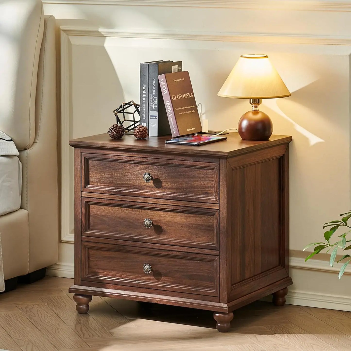 Farmhouse Nightstand Set of 2 with Charging Station, 24" Wide End Table with 3 Drawers, Bed Side